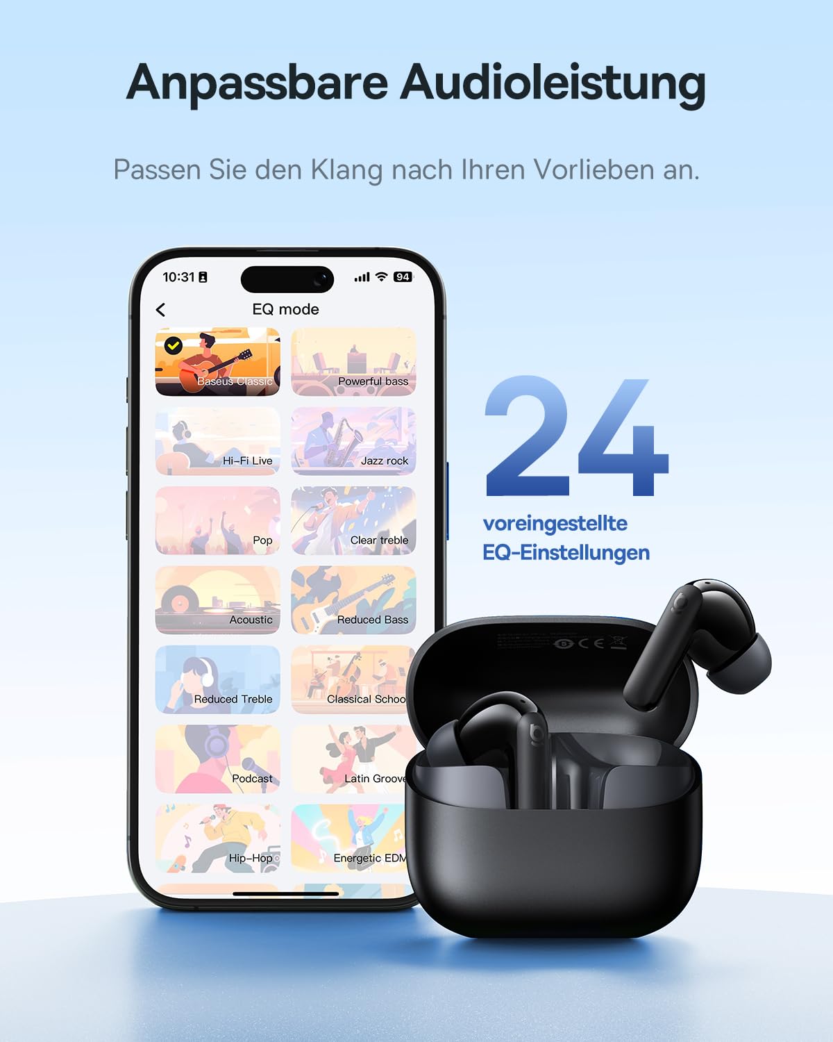 Baseus EP10 NC In Ear Kopfhörer Bluetooth Noise Cancelling, Bluetooth Kopfhörer mit -43 dB ANC, Adaptive Geräuschunterdrückung, Earbuds mit 4-Mic KI Klarer Anruf, IP55, 41H Spielzeit, Bluetooth 6.0