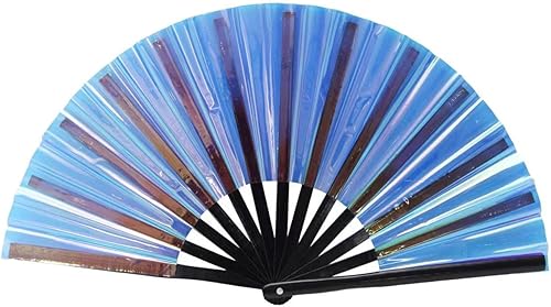 Miniatura 7 de Gionforsy 1 ventilador plegable Rave para mujer, ventilador de mano grande de bambú con tela de color brillante para festival (1 unidad, estilo 4,