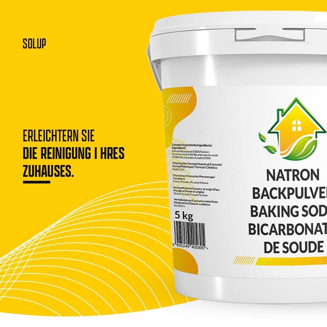 SOLUP Natron Pulver 5 kg Eimer | Lebensmittelqualität E500ii NaHCO3 | Natriumbicarbonat 99% | vegan ohne Zusätze | HACCP Werk | Vorratseimer wiederverschließbar | CAS 144-55-8