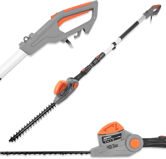 Terratek 2.75m 550W Electric Long Reach Corded Pole Hedge Trimmer Telescopic Extendable Pole 450mm Cutting Length 10m Cable, 4 Positions for Tall Hedges, Hedge Cutter Includes Shoulder Strap