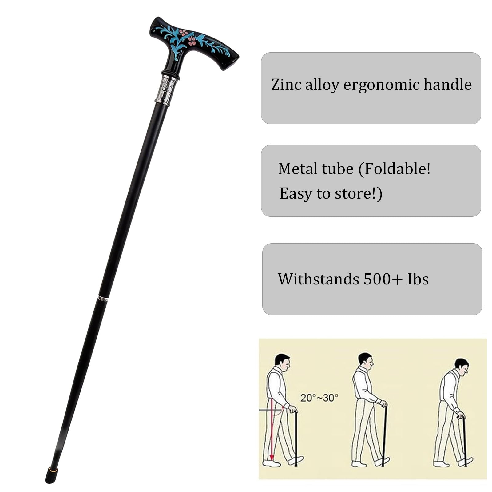 Bastone da Passeggio In Resina con Motivo Floreale, Bastone Decorativo | 93 Cm, Elegante Da Uomo, Bastone Da Passeggio Alla Moda Per Cosplay, Antiscivolo, Impugnatura Ergonomica