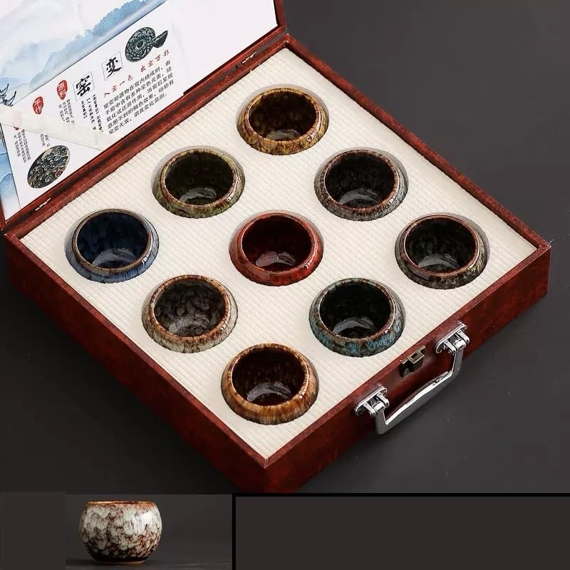 Set aus 9 Keramik-Teetassen mit Glazeffekt, Verkostungsbecher im Jianzhan-Stil, Geschenkidee für Teeliebhaber (Nine Cup Style 5)