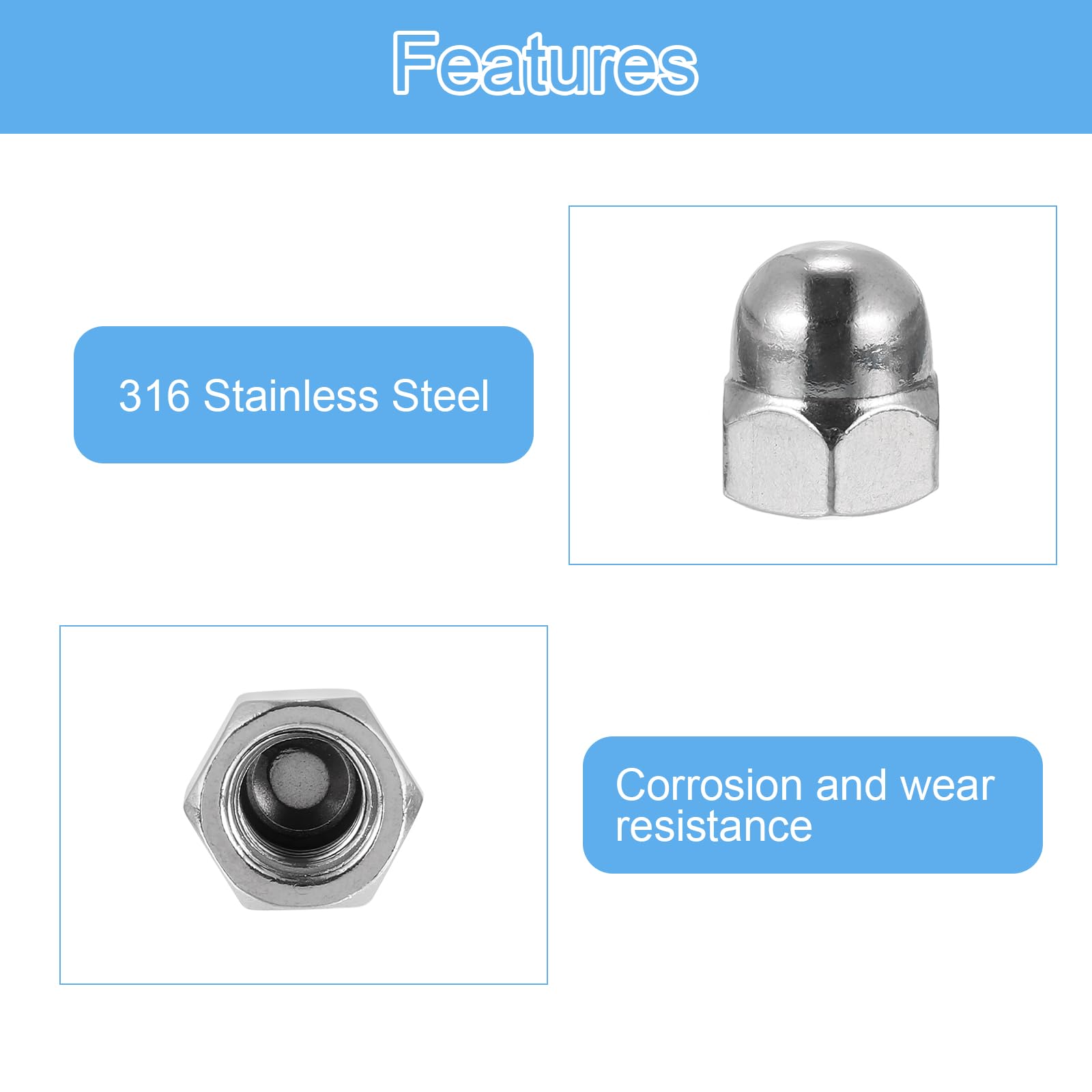3/8-16 Acorn Cap Nuts, 25pcs - 304 Stainless Steel Hardware Nuts, Acorn Hex Cap Dome Head Nuts (Silver - View #6