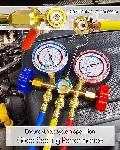 Image of 1 /4 inch HVAC Hose With Ball Valves End, 800 PSI 48 inch Refrigerant Charging Hose, 3 Pcs Color Coded Low Loss Fittings for R12 R22 R404 R410A R134A R502 Air Condition Refrigeration