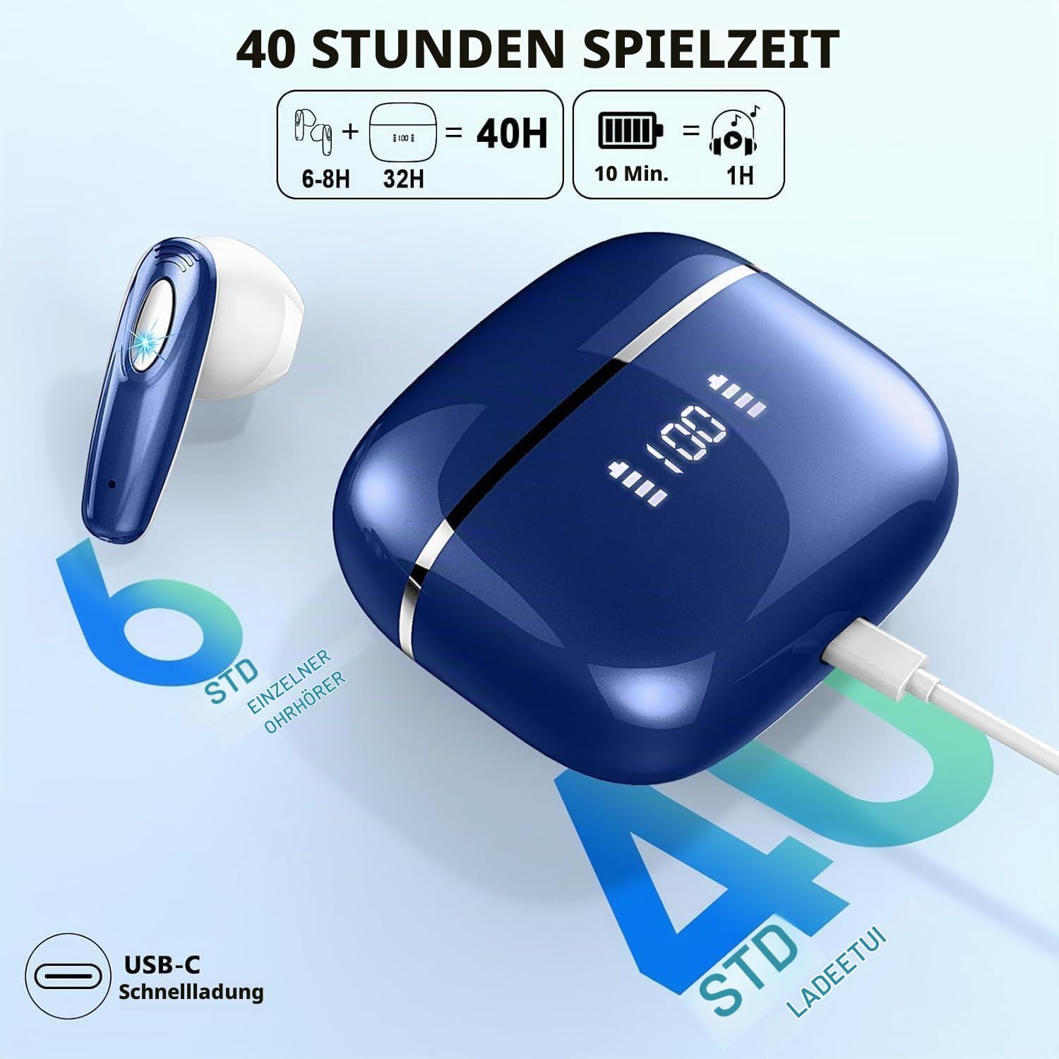 Bluetooth-Kopfhörer, 2026 Bluetooth 5.3 Kopfhörer mit Stereo 3D Immersiv, kabellose Kopfhörer Geräuschunterdrückung mit 4 ENC Mic, 40 Stunden kabellose Kopfhörer LED Display, IP7 wasserdicht Bluetooth