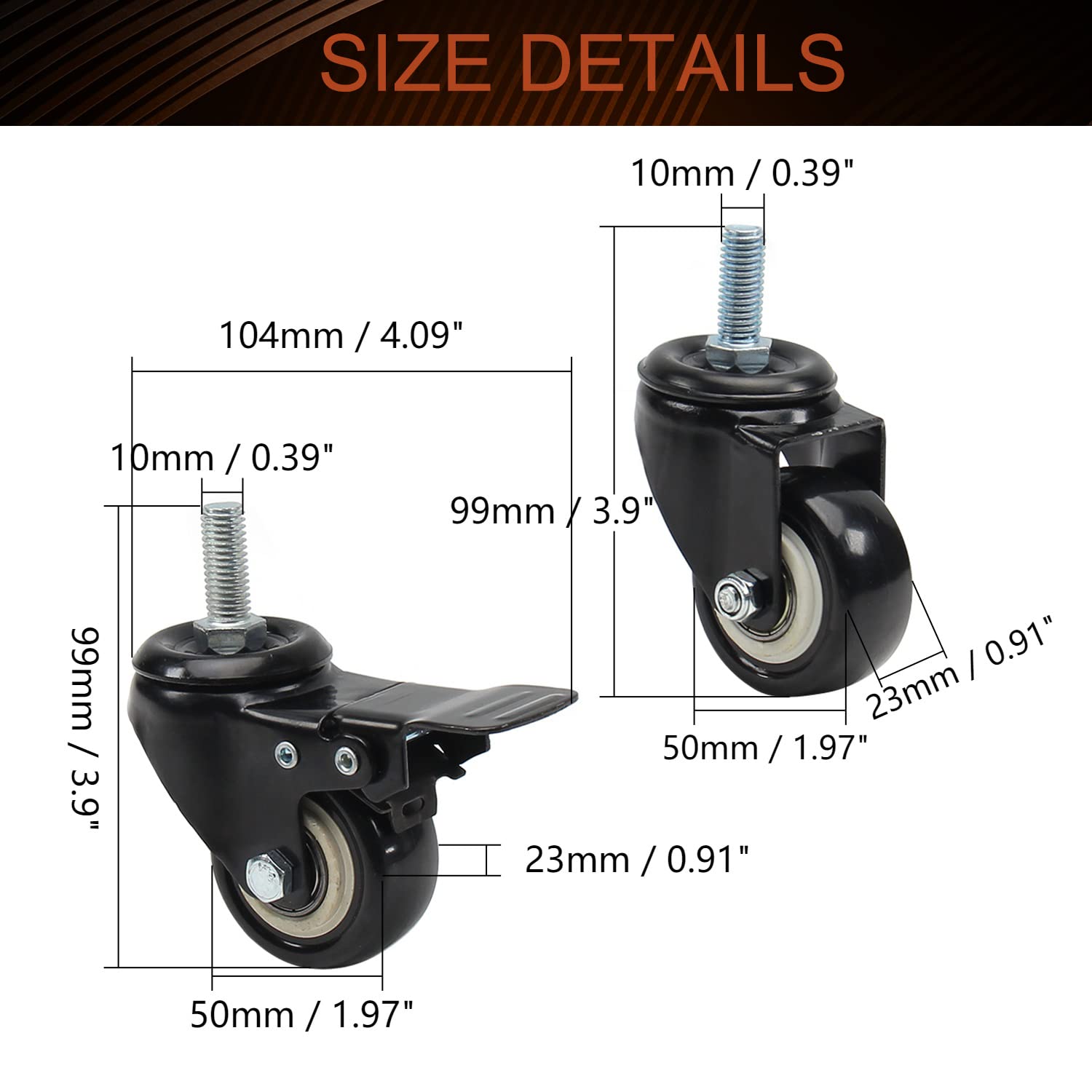 MroMax 2 Inch Stem Casters, Each Capacity 32Lbs Heavy Duty Swivel PVC Caster with M10 x 25mm Threaded Stem for Shopping Carts, Trolley and Workbench(2Pcs with Brake and 2Pcs Without Brake)