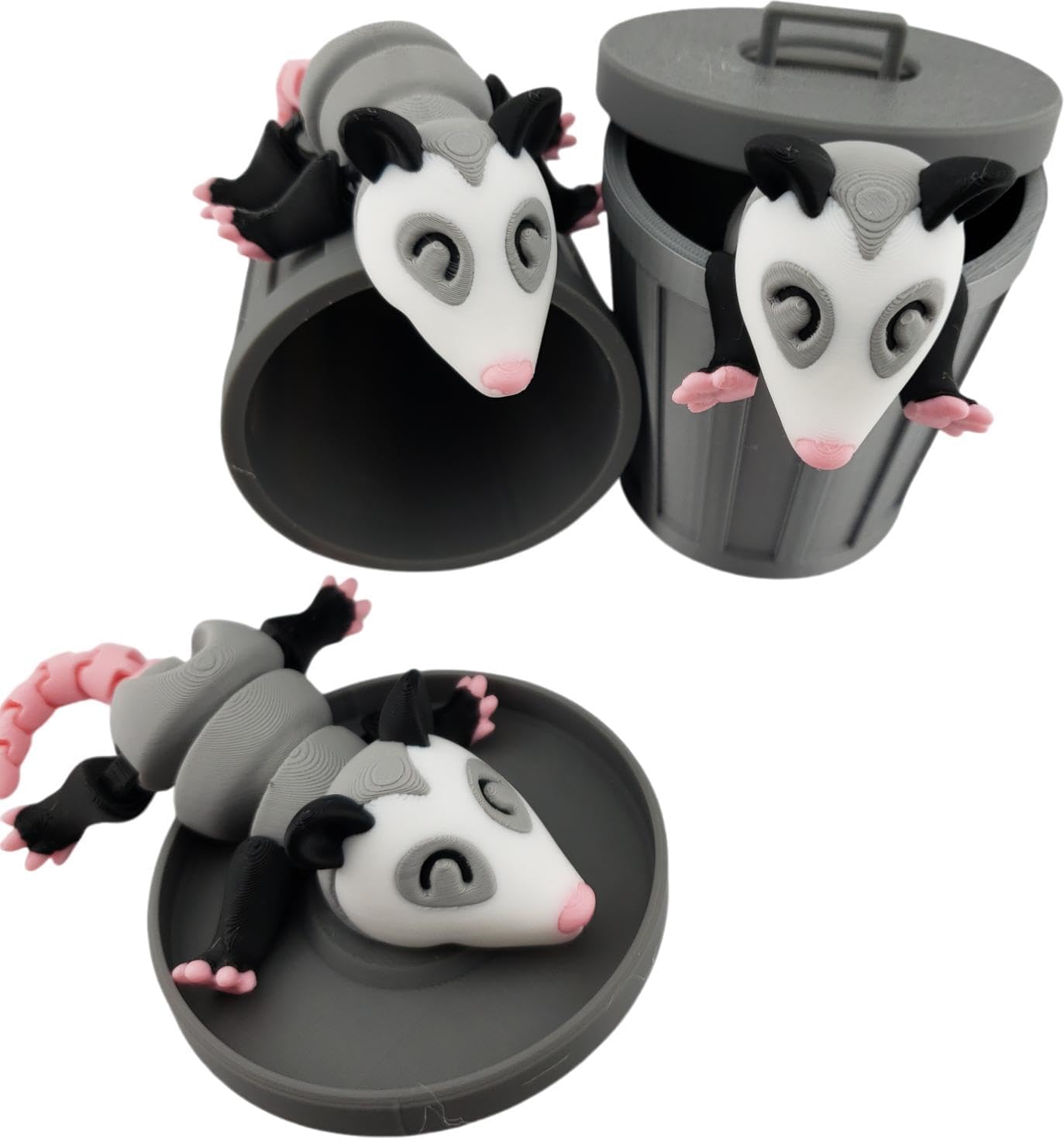 3D Printed Articulated Possum Figurine | Realistic Black, Grey, White, and Pink Colors | Adorable Desk Decor and Collectible Toy | Fidget (Possum with Trash Can)