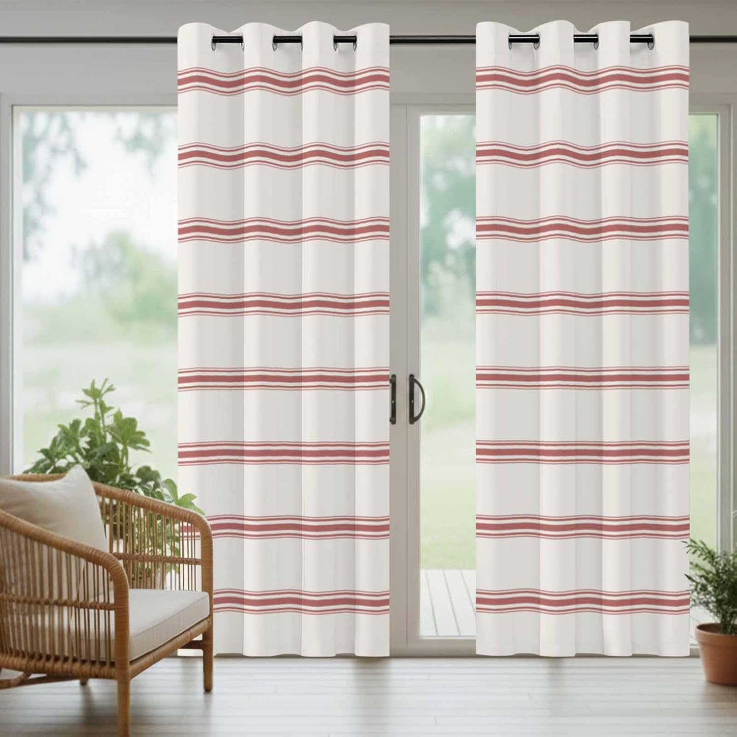Outdoor Curtains for Patio Waterproof, Red Striped Windproof Pravicy Outside Porch Blackout Curtain, Rustic Red Stripe Modern Art Beige Sun Blocking Curtains for Cabana Gazebo 2 Panels 54"x95"