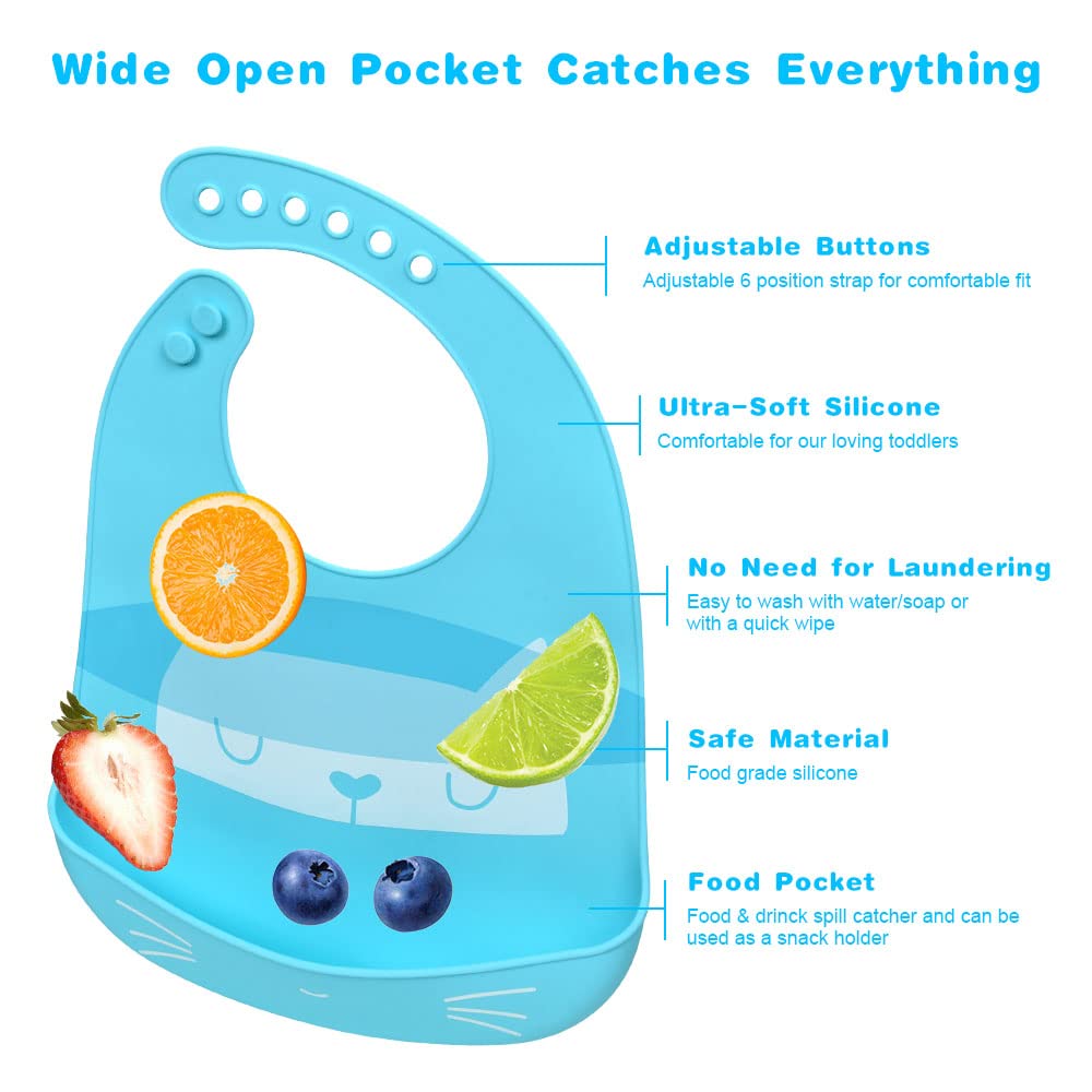 Vicloon Bavaglini Silicone, 2PCS Bavaglino Silicone Impermeabile Senza BPA, Bavaglini Pappa Svezzamento con Tasca Raccoglipappa, 6 Misure Regolabili, per Bambini e Neonati
