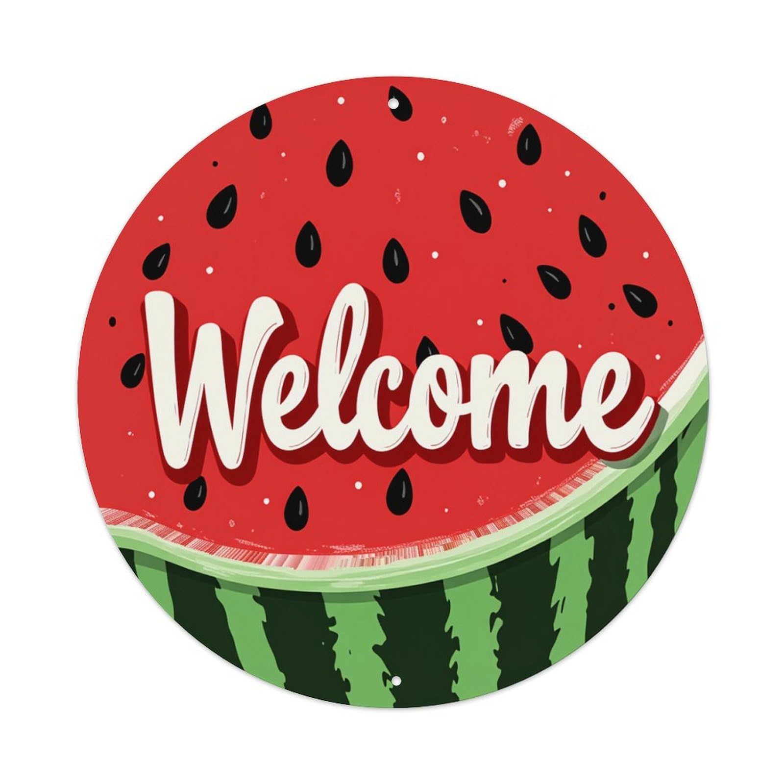 Watermelon Slice Welcome Pattern Print Round Tin Sign Retro Metal Sign for Cafe Bar Pub Home Game Room Gym Club Wall Decoration Vintage Metal Poster 8x8 Inch