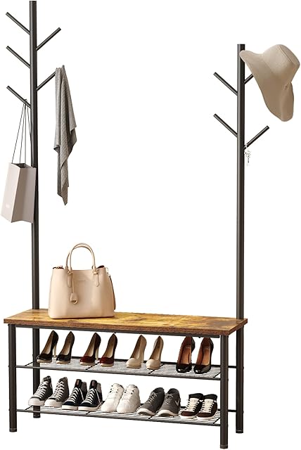 HOME BI Coat Rack Stand, Bench and Shoe Rack, Free Standing Hall Tree, Coat Stand with Hooks, Steel, Industrial, Black