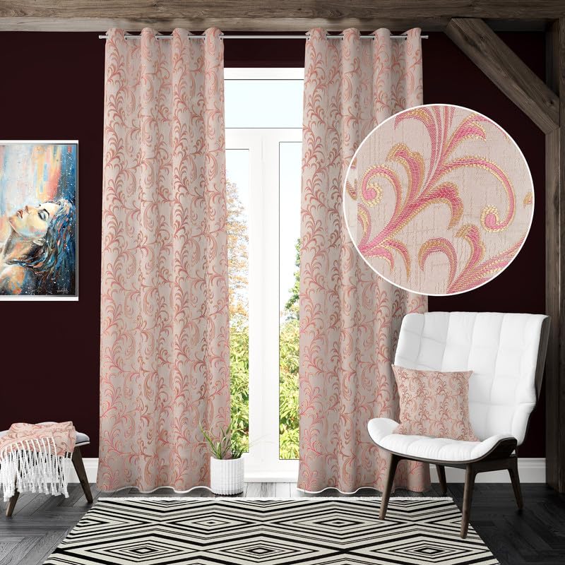 RED RIBBON DECOR Heavy Jacquard Fabric Leef Design Room Darkening Curtains for Door 8 Feet, Pink, Pack of 3 Pieces