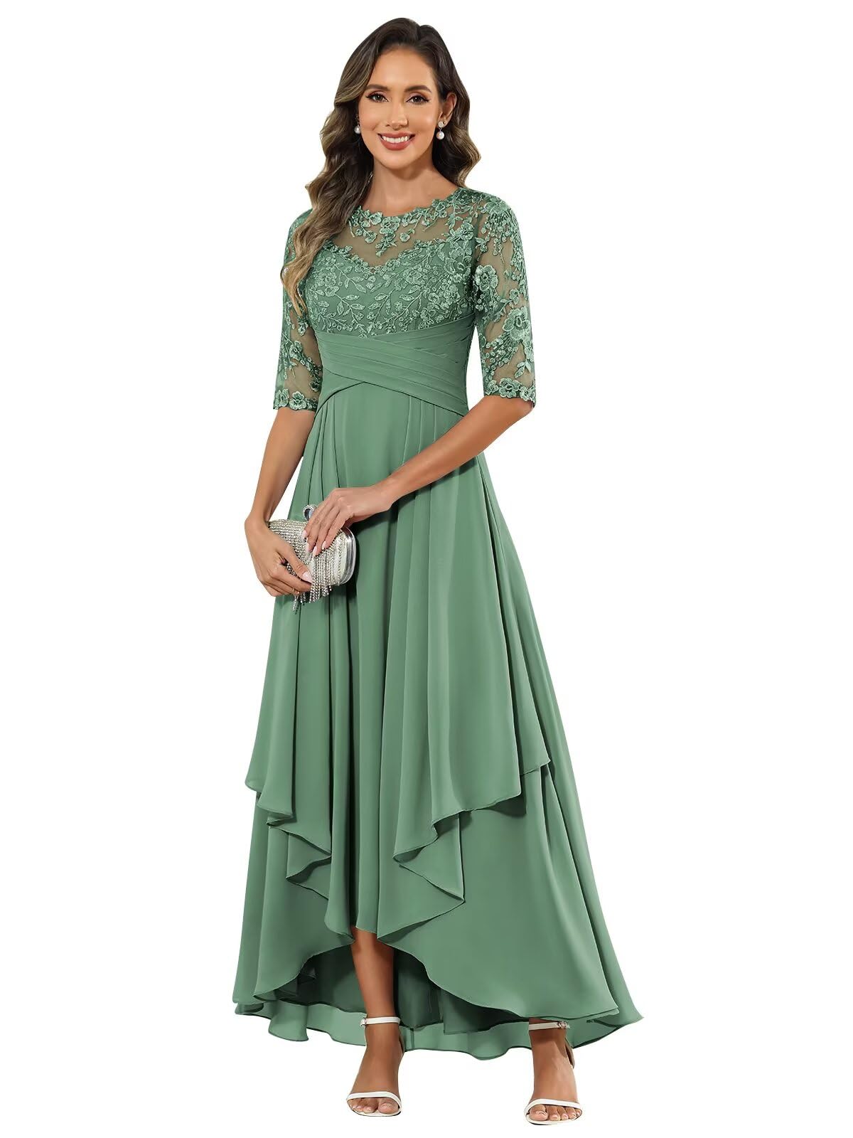HANVAIOS Mother of The Bride Dresses Tea Length A-Line Chiffon Lace Appliques Formal Dress for Women