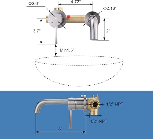 Miniatura 6 de ARCORA Grifo de baño de montaje en pared, grifo de fregadero de baño de níquel cepillado, grifo de tocador de una sola manija, grifo giratorio para