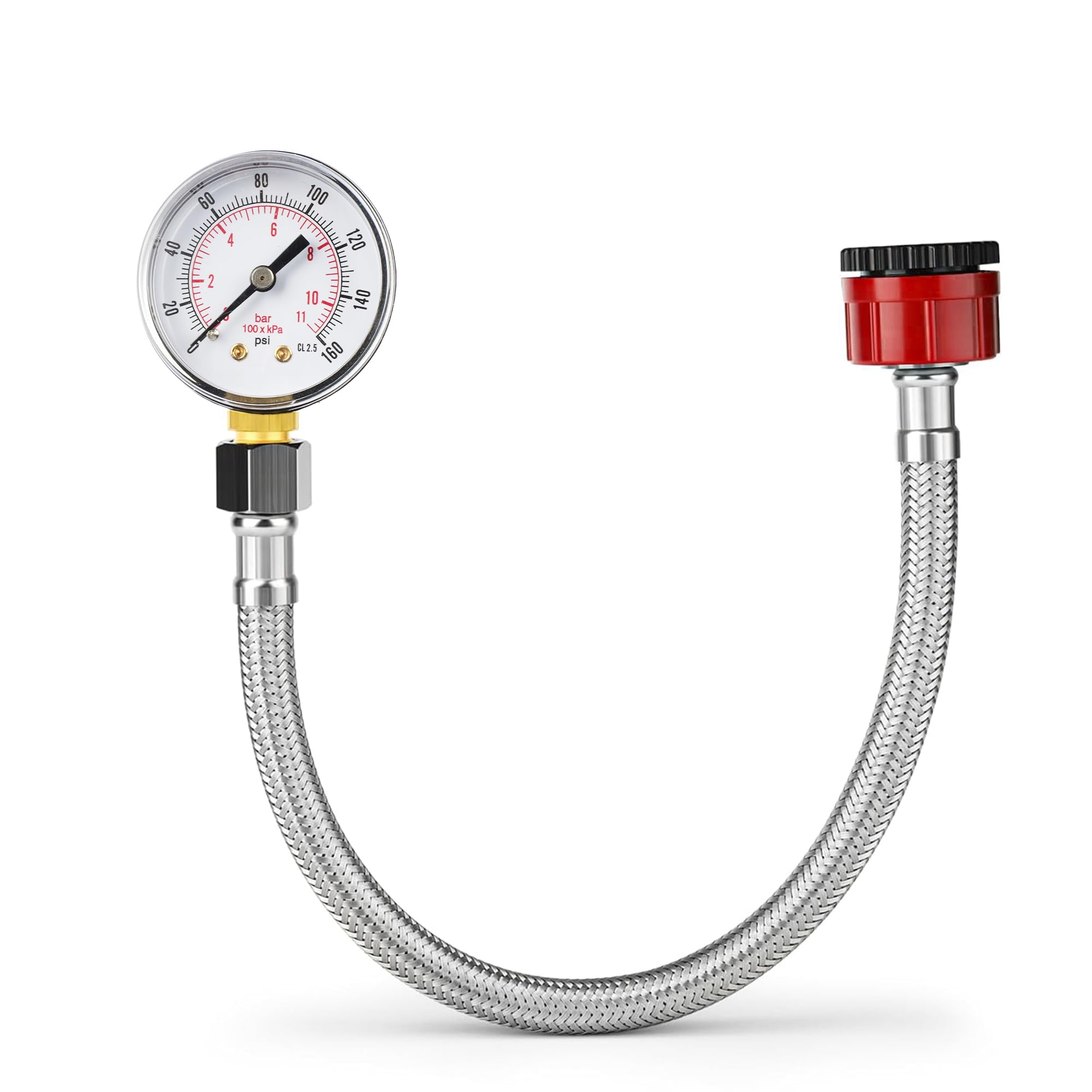 Mains Water Pressure Test Gauge, 0-11 Bar/160psi, Dual Scale, Brass Thread, Stainless Steel, 3/4" BSP to 1/2" BSP Hose Female Thread, Diagnostic Tester