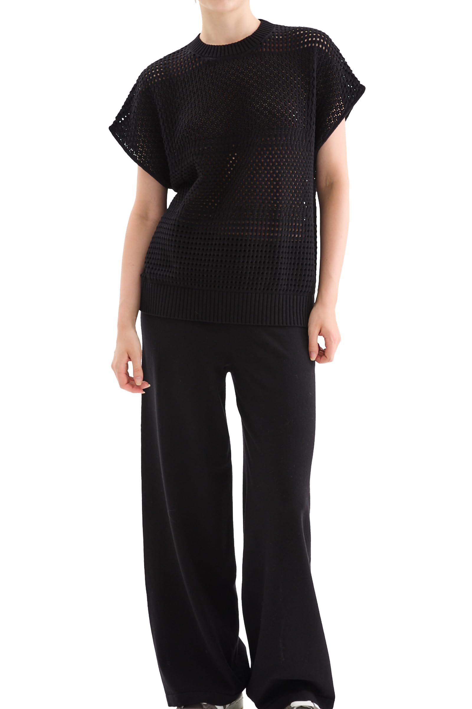 YIZIMA Women's Crochet Knit Lounge Set – 2 Piece Sleeveless Pullover Top & Wide-Leg Pants, Lightweight Casual Spring Outfit