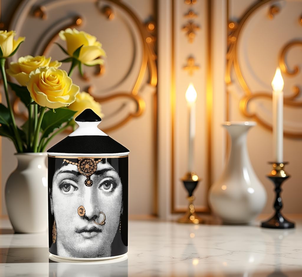 AlphaDesignLuxe Decorative Candle Holder Handcrafted Aromatherapy Candle Jar Italian Designer Décor Fashionable Tabletop Vase Modern Art Female Face Eyes Lips Centerpiece. (Floral Yellow)