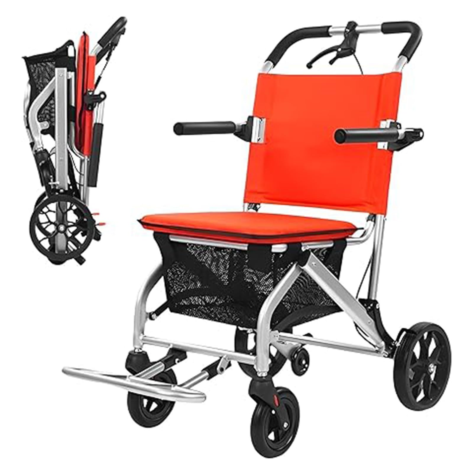 Rollstuhl Faltbar Leicht Mit Bremse Aluminium Ultra-Light Transport Rollstuhl Mit Aufbewahrungskorb Reise Rollstuhl Für Die Wohnung Und Unterwegs A