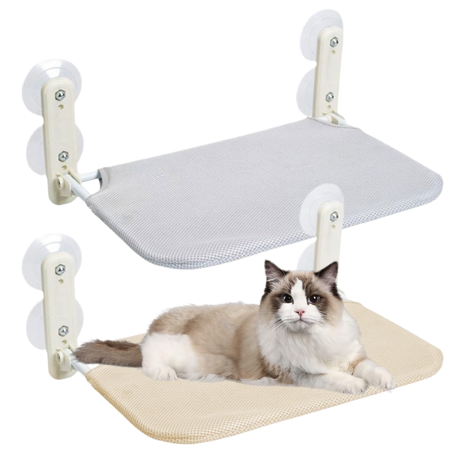 2 Pcs Cat Window Perch Cordless Foldable Cat Hammock Bed,Cat Window Perch Cordless Cat Hammock,Foldable Cat Window Hammock,Cat Hammock Window Bed,Suction Cups Window Resting Seat (Grey+Beige,L)