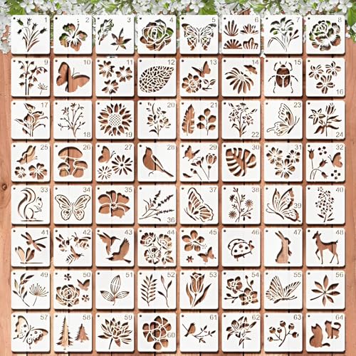 WJMY 64 Stück Wiederverwendbar Schablonen Set, 7.6 x 7.6cm Textilgestaltung Schablonen, Malschablonen für Scrapbooking DIY, Airbrush, Malerei....