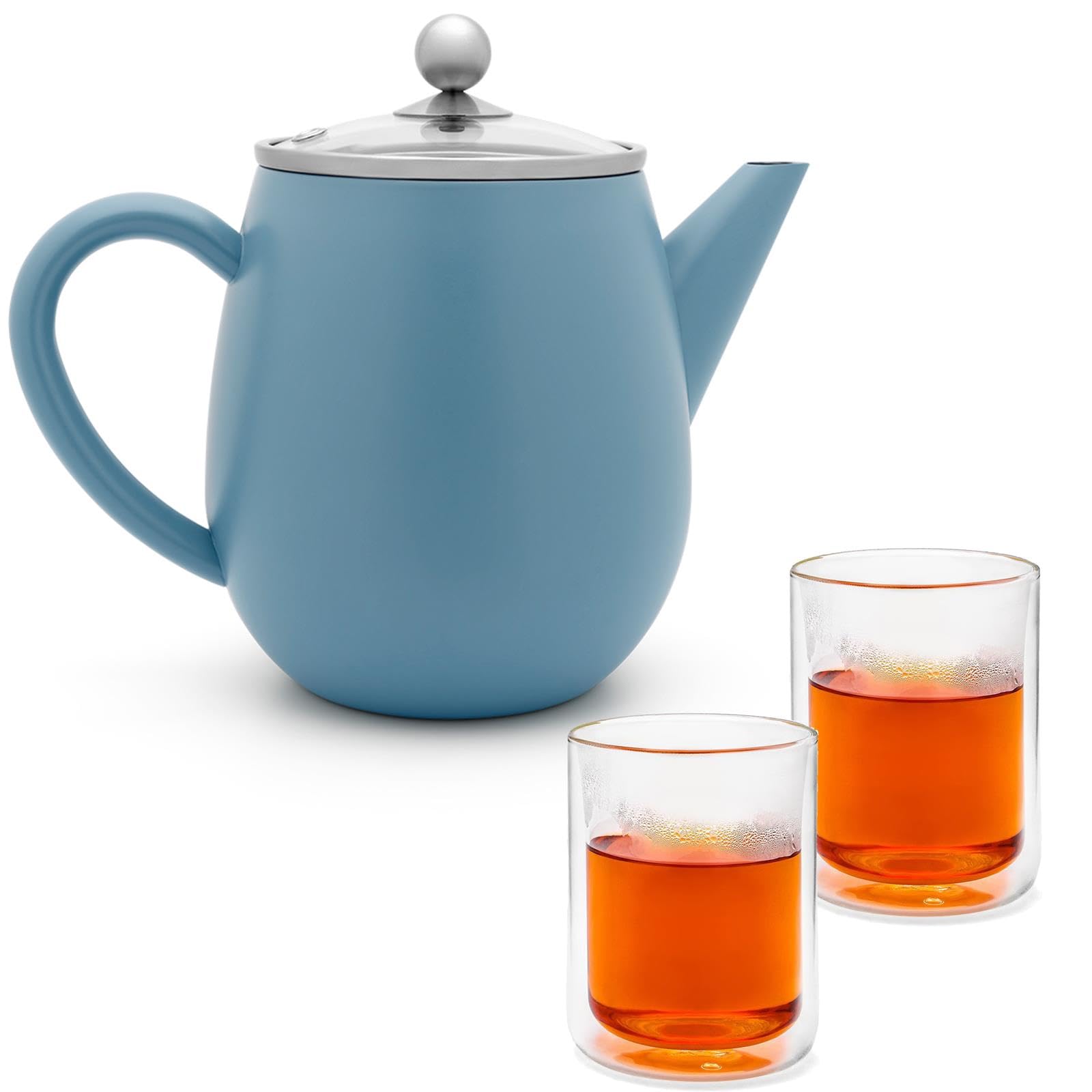 Bredemeijer Teekanne 1.1 Liter blau - doppelwandige Edelstahlkanne Set mit Glasdeckel & 2 isolierende Teegläser je 290 ml