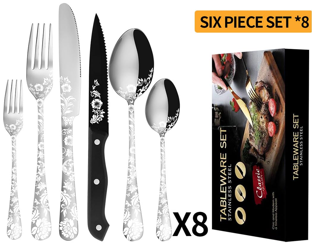 XIAOYU Juego de Cubiertos de 48 Piezas con Cuchillos para Carne, Juego de Cubiertos de Acero Inoxidable para 8 Personas, Juego de Cucharas, Tenedores y Cuchillos con láser único de Flor de peonía