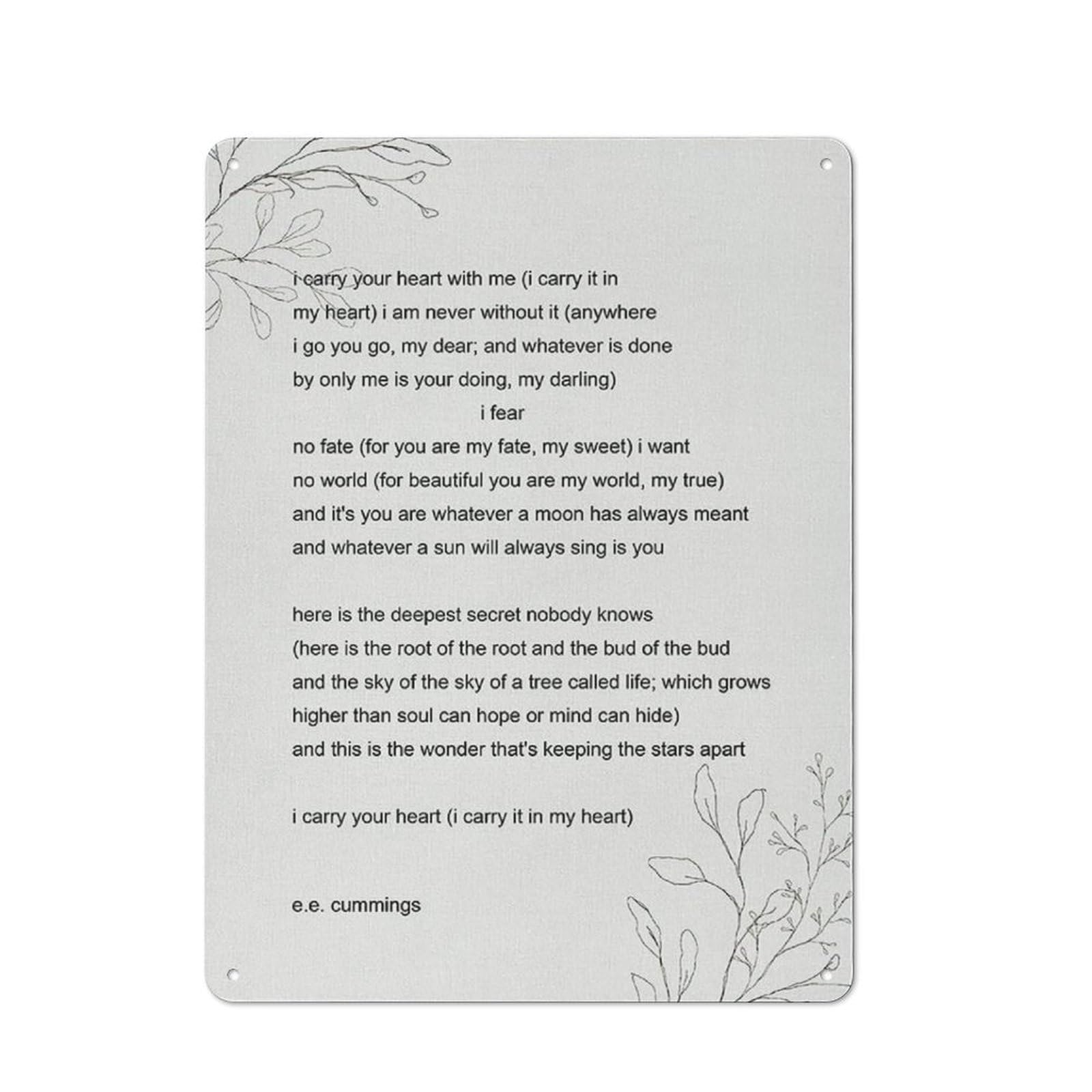 Rustic Metal Tin Sign E.E. Cummings Poems I Carry Your Heart Painting Prints For Home Wall Art Decor Artwork 12x16 Inch