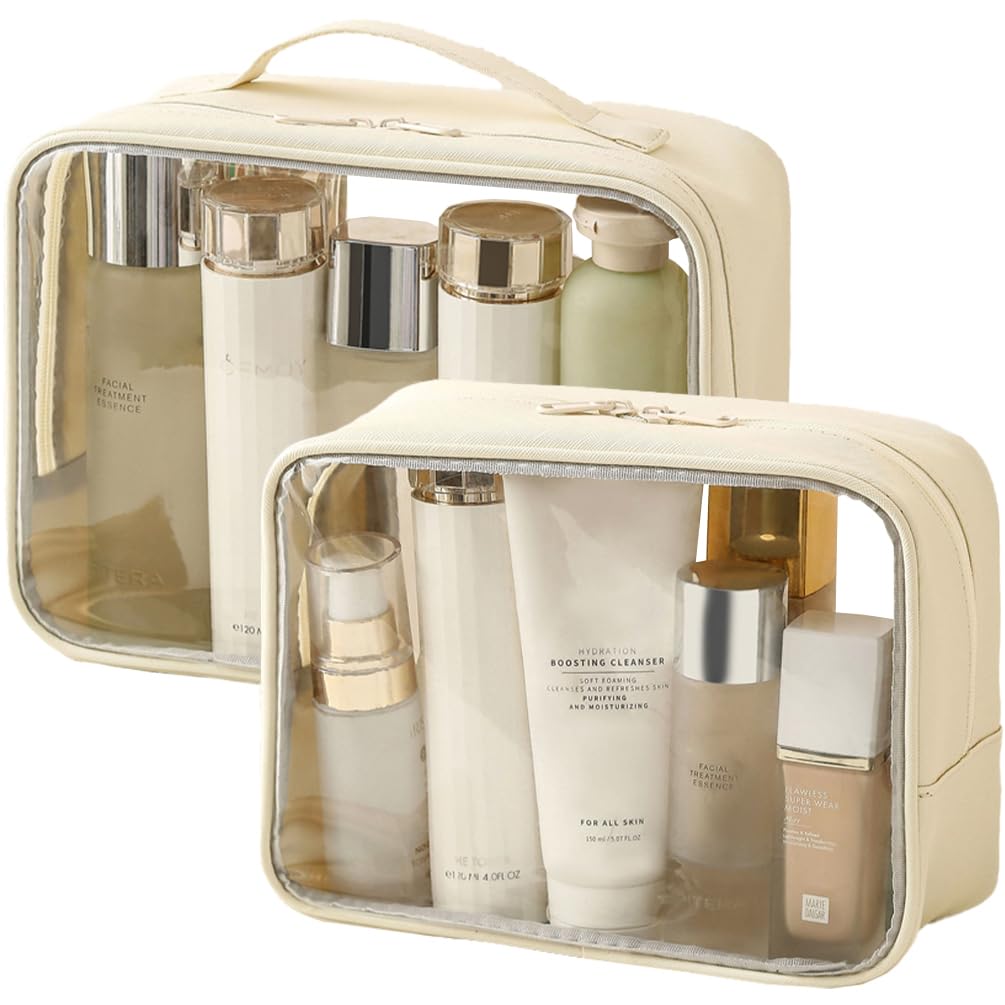 kamumanni Clear Toiletry Bag, Clear Travel Bags for Toiletries, Large Capacity PVC Carry on Bag for Gym, Airline Travel, Swimming, Large+ Medium (Cream)