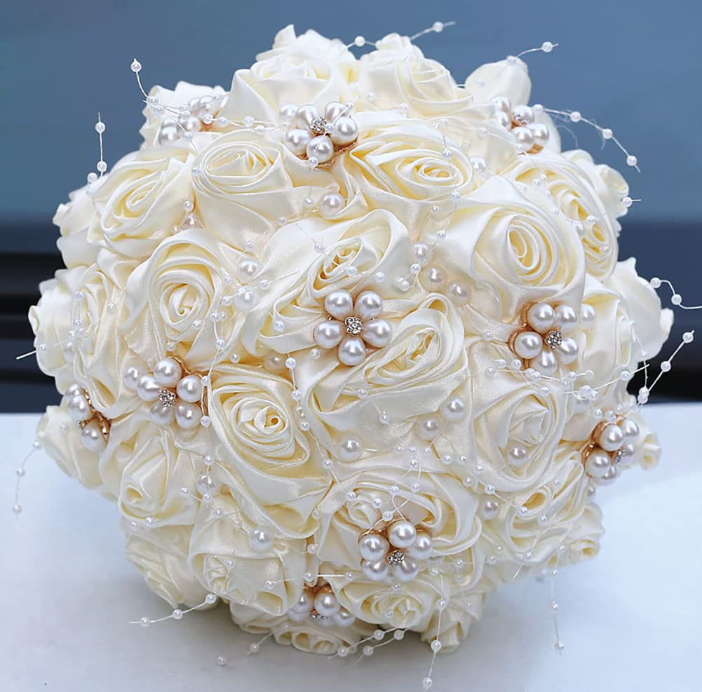 Sharebeauty 7.1" Handmade Satin Rose Bridal Bouquet Toss Round Wedding Bouquet Throw Toss Artificial Flower Bunch Ivory
