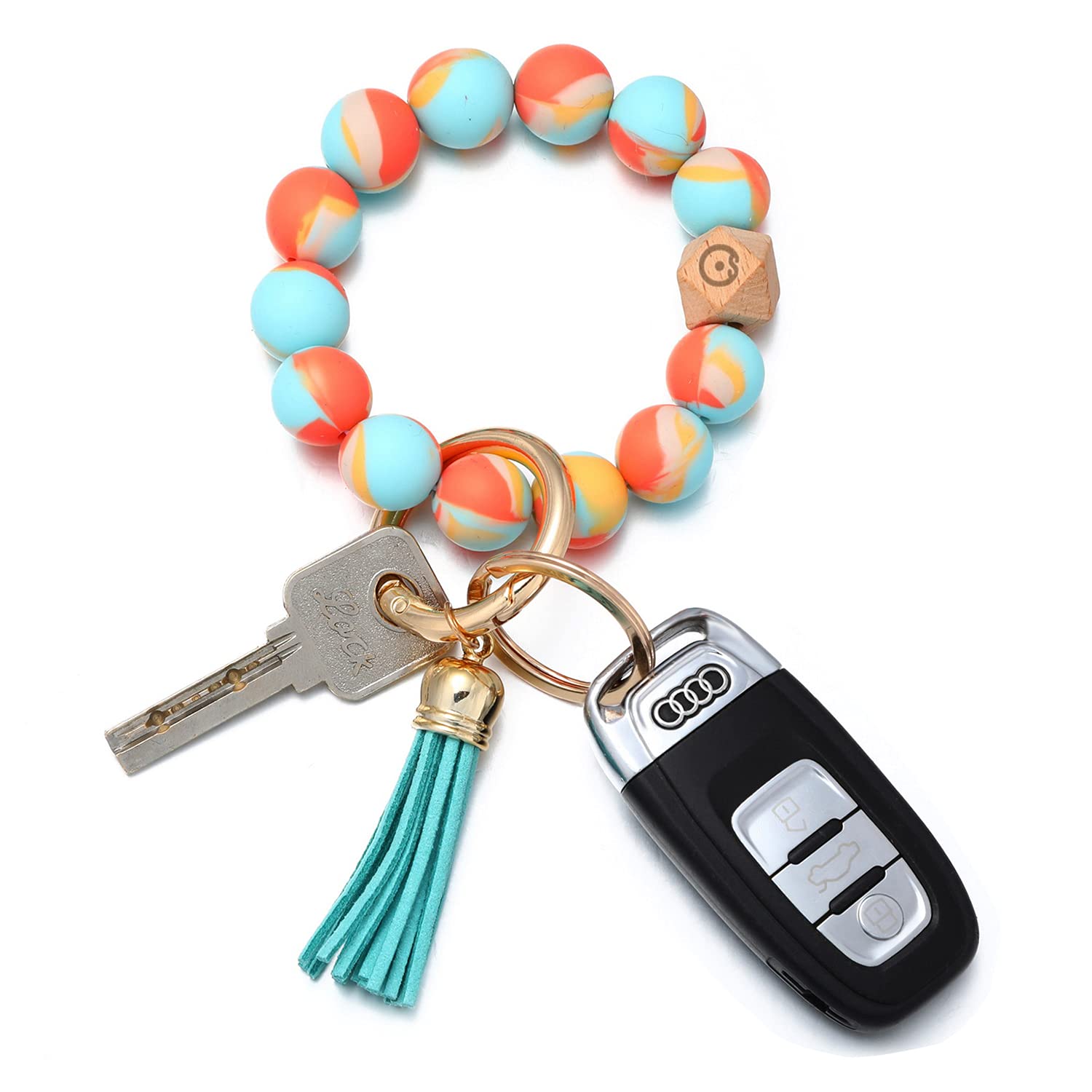 CoolcosSilicone Key Ring Bracelet Wristlet Beaded Bangle Keychain Elastic  Portable Car Keyrings Chains for Women Girls