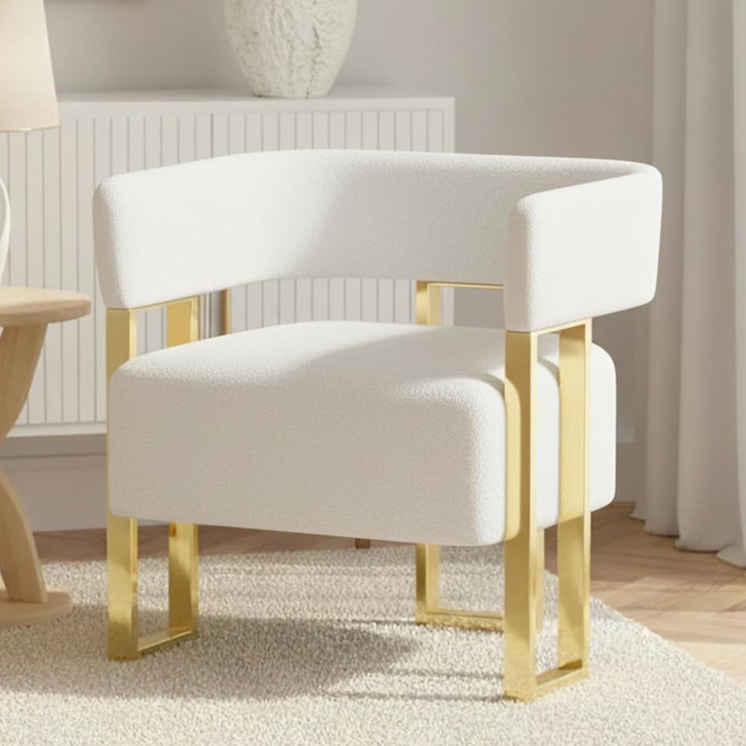 Mid Century Modern Accent Chair, Barrel Armchair, White Boucle, Gold Legs