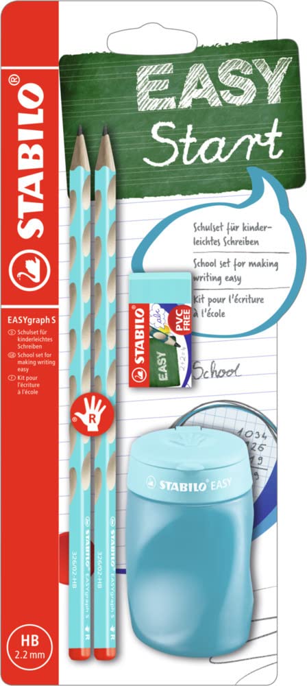 Lápiz ergonómico fino STABILO EASYgraph S - Set escolar con 2 unidades + 1 sacapuntas + 1 goma de borrar - Color azul - Modelo para diestros