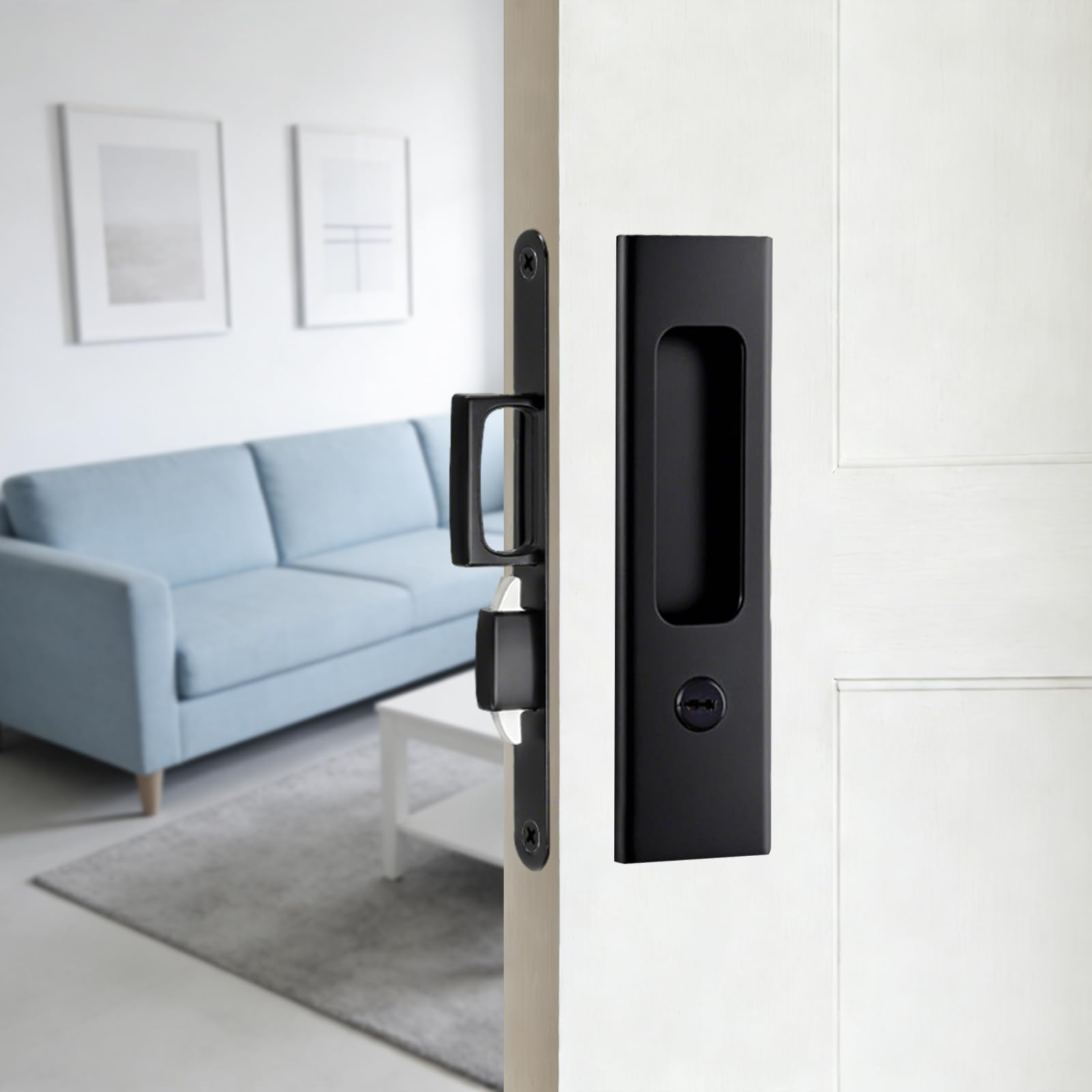 Privacy Pocket Door Lock Hardware,Invisible Sliding Door Lock with Keys,Recessed Handle Latch, Double Barn Door Lock, Invisible Furniture Hardware (with Keys)