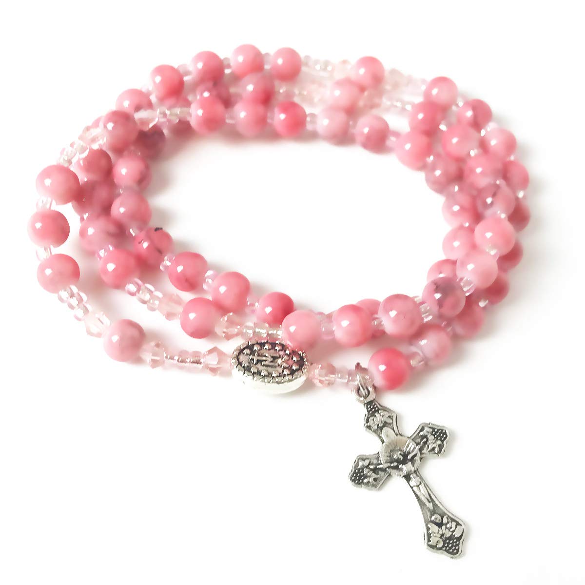 Marbled Pink Miraculous Medal 3-in-1 Full 5 Decade Catholic Rosary Bracelet for Women - Rosary Beads Catholic For Men - Catholic Gifts - Rosarios Catolicos