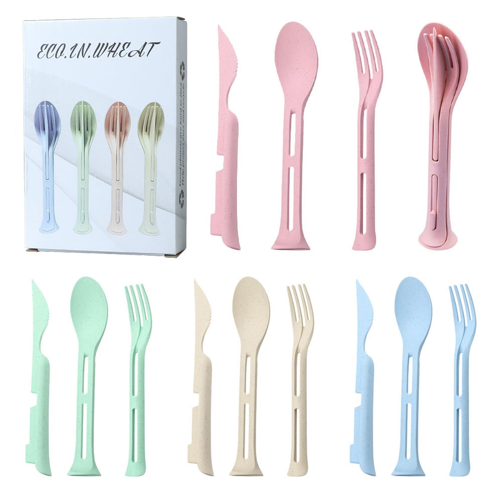 MPLTECH Wheat Straw Tableware Sets, Innovative 3-in-1 Dinnerware Sets，Integrating Knives, Spoons, and Forks for Integrated Storage，Eco-Friendly