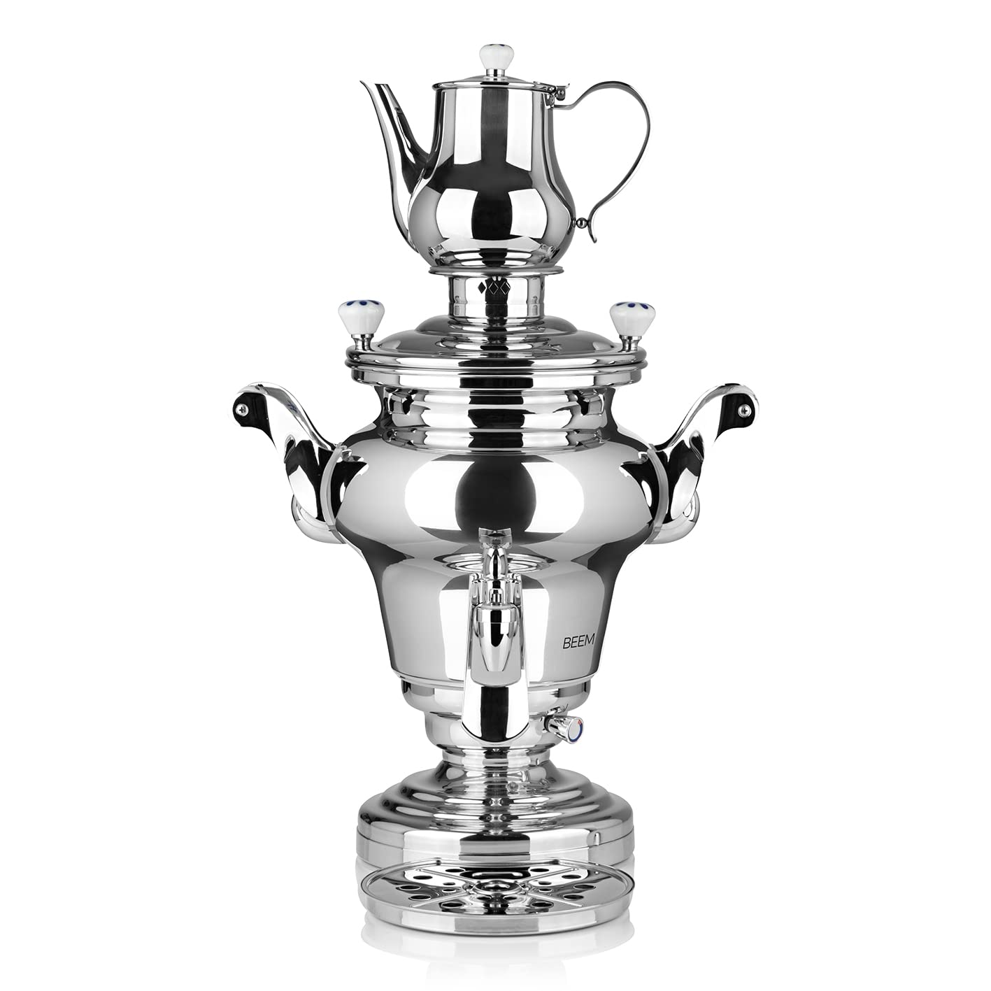 BEEM SORAYA+ 07345 Samovar Bouilloire turque électrique, 10 l, en acier inoxydable, 3000 W, avec passoire, 1,6 l, bouilloire de 10 l, distributeur avec commande à une main et bac d'égouttement