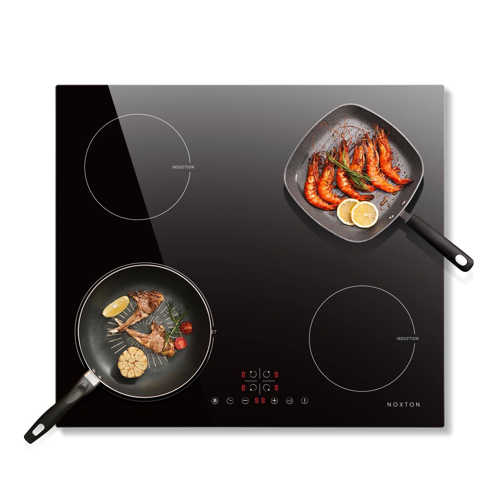 NOXTON Placa induccion 4 Fuegos 60 cm, 7200W, Cristal negro, Control deslizante, Ajuste de 9 velocidades, Control por sensor, Bloqueo para niños