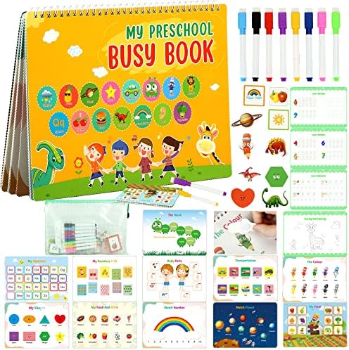 ISANCHA Montessori Busy Book for Toddlers ，Preschool Learning Activities 15 Themes Autism Sensory Educational Toys with 8 Dry-Erase Markers for Boys and Girls Develop Basic Motor Skills