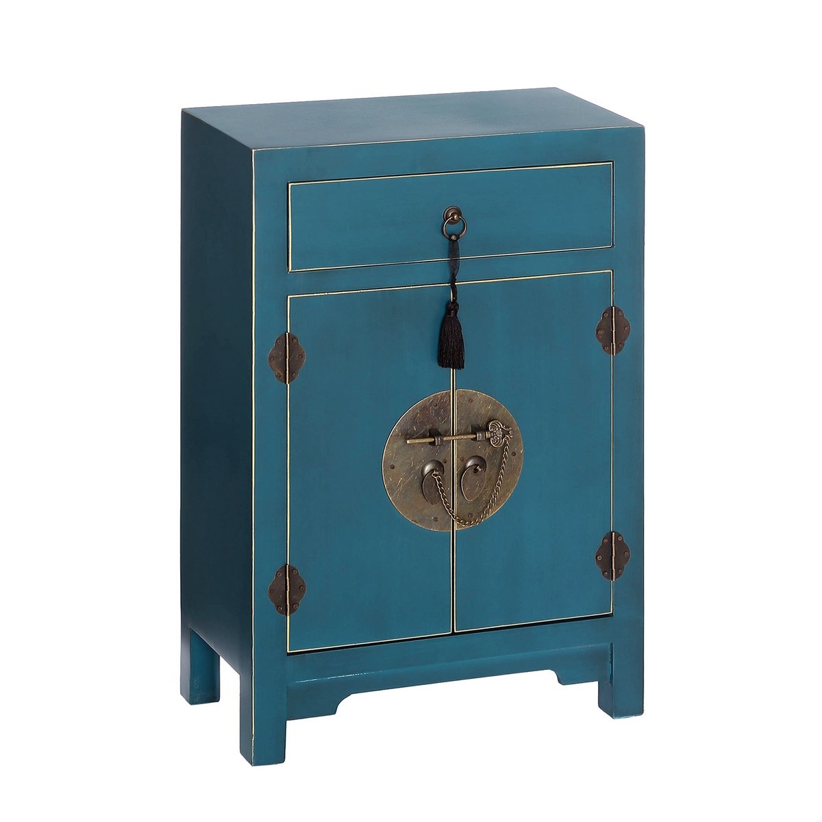 LOLAhome Mesita de Noche de Madera Azul con cajón y Puertas de 69x45x26 cm | Precioso estilo exótico oriental con herrajes de bronce decorativos. Perfecta para organizar y decorar tu dormitorio.