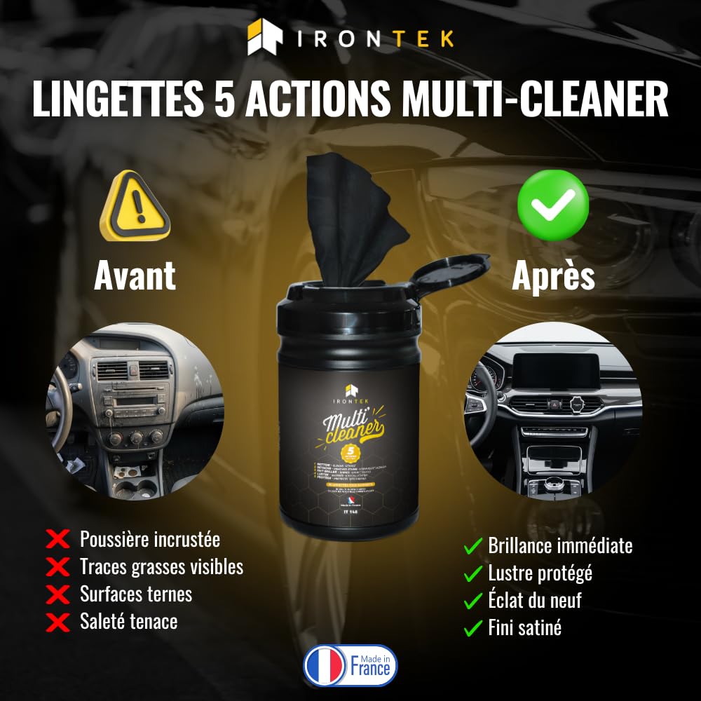 Lingettes Nettoyage Voiture et Moto sans Eau 80 pièces - IRONTEK | IT146 | Carrosserie Jantes Cuir Plastique | Nettoie, Détache, Lustre et Protège | Intérieur & Extérieur | Made in France