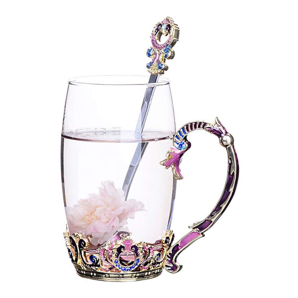 Tazza In Vetro Smaltato Rosa Con Fiore 3D E Cucchiaio - Regalo Per Mamma, Compleanno, San Valentino