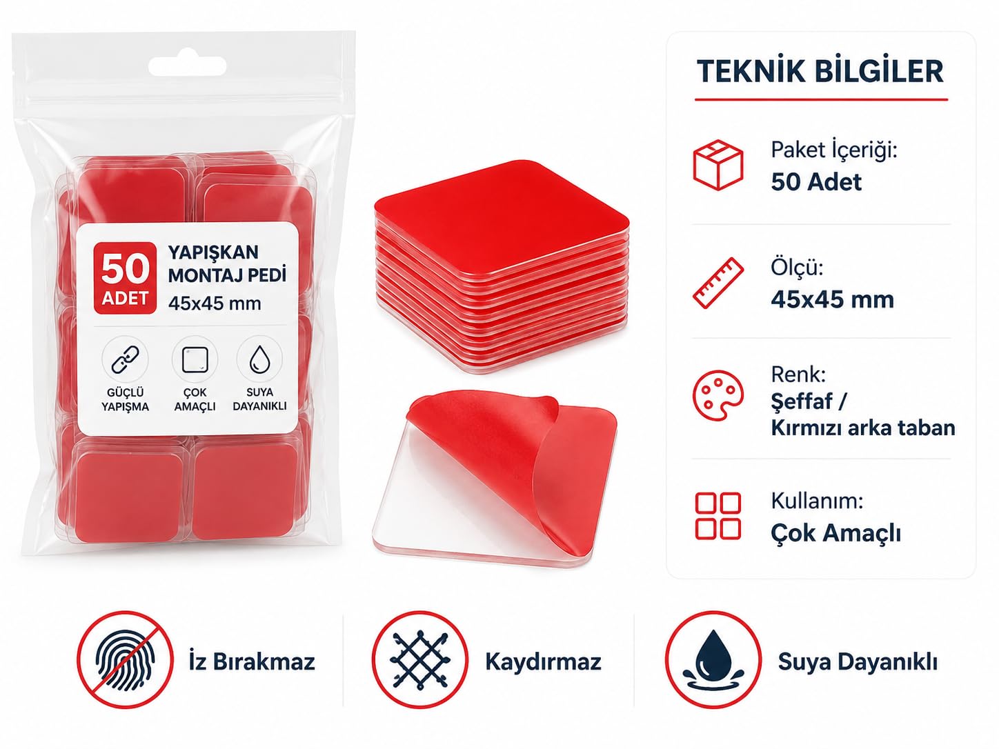 Alper Banyo 50 Adet 45x45 mm Şeffaf Yapışkan Kırmızı Koruyucu Filmli Çift Taraflı Güçlü Yapışkan Bant, İz Bırakmadan Çıkarılabilir Çok Amaçlı Montaj Pedi