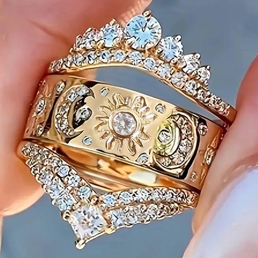 Women's 3-Layer Cubic Zirconia Ring with Hollow Design Sun Moon Pattern