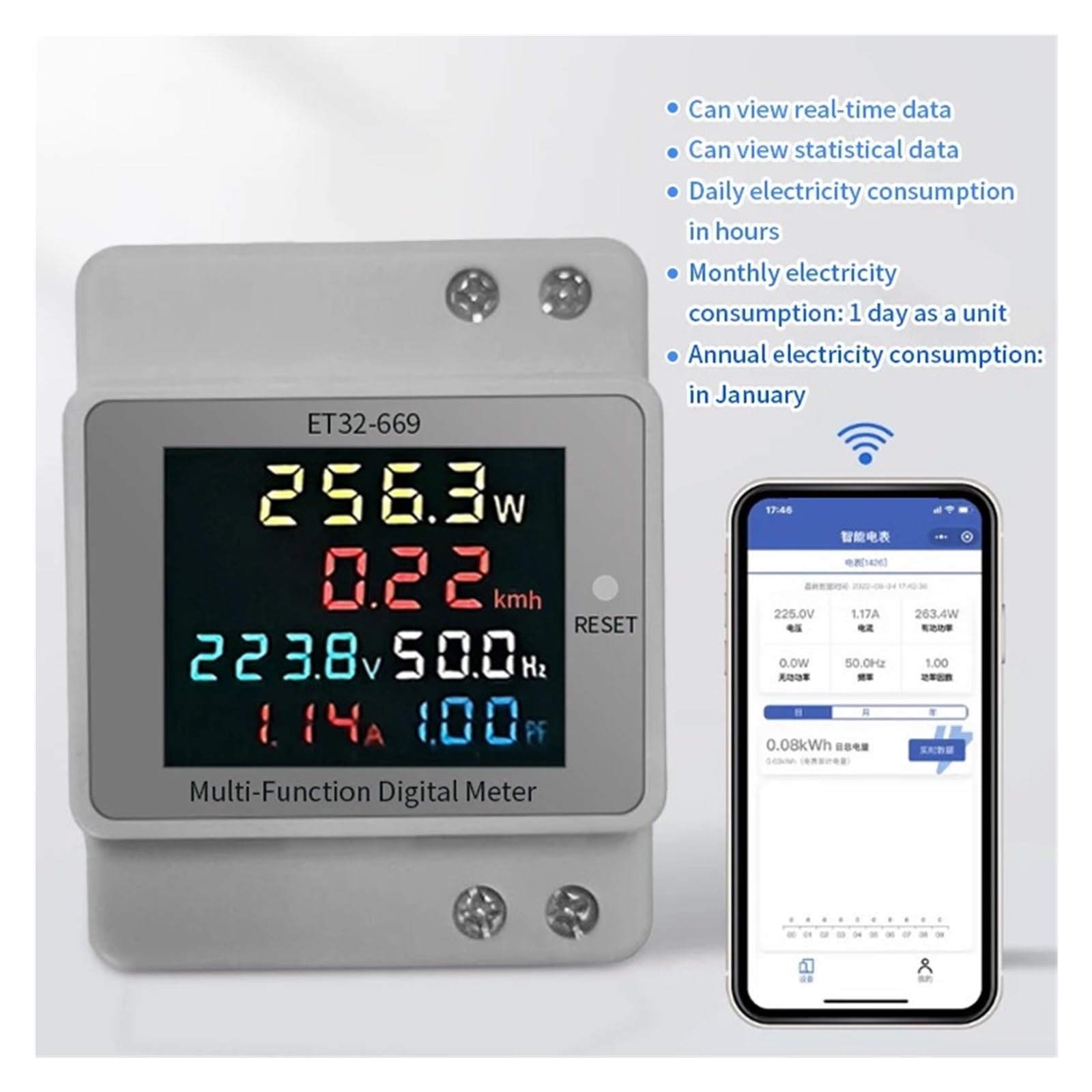 Medidor Contador De Energía Monofásico CA 45-65Hz Frecuencia Potencia Corriente Voltaje Eléctrico Carril Din Vatios Monitoreo De EnergíA
