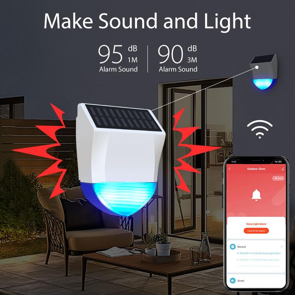 Alarme solaire stroboscopique, extérieur étanche sans fil solaire intelligent WiFi alarme LED lumière stroboscopique détecteur de mouvement, lampe sirène de sécurité for la maison, la ferme, la grange
