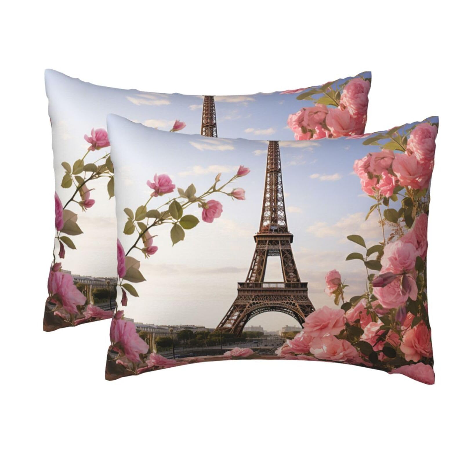 2 Pack Standard Pillow Cases with Hidden Zipper, Soft Breathable Pillow Covers for Hair and Skin, Eiffel Tower Spring Flowers Pillowcases 20"x26" Bed Pillow Protectors Cover for Sleeping Gifts