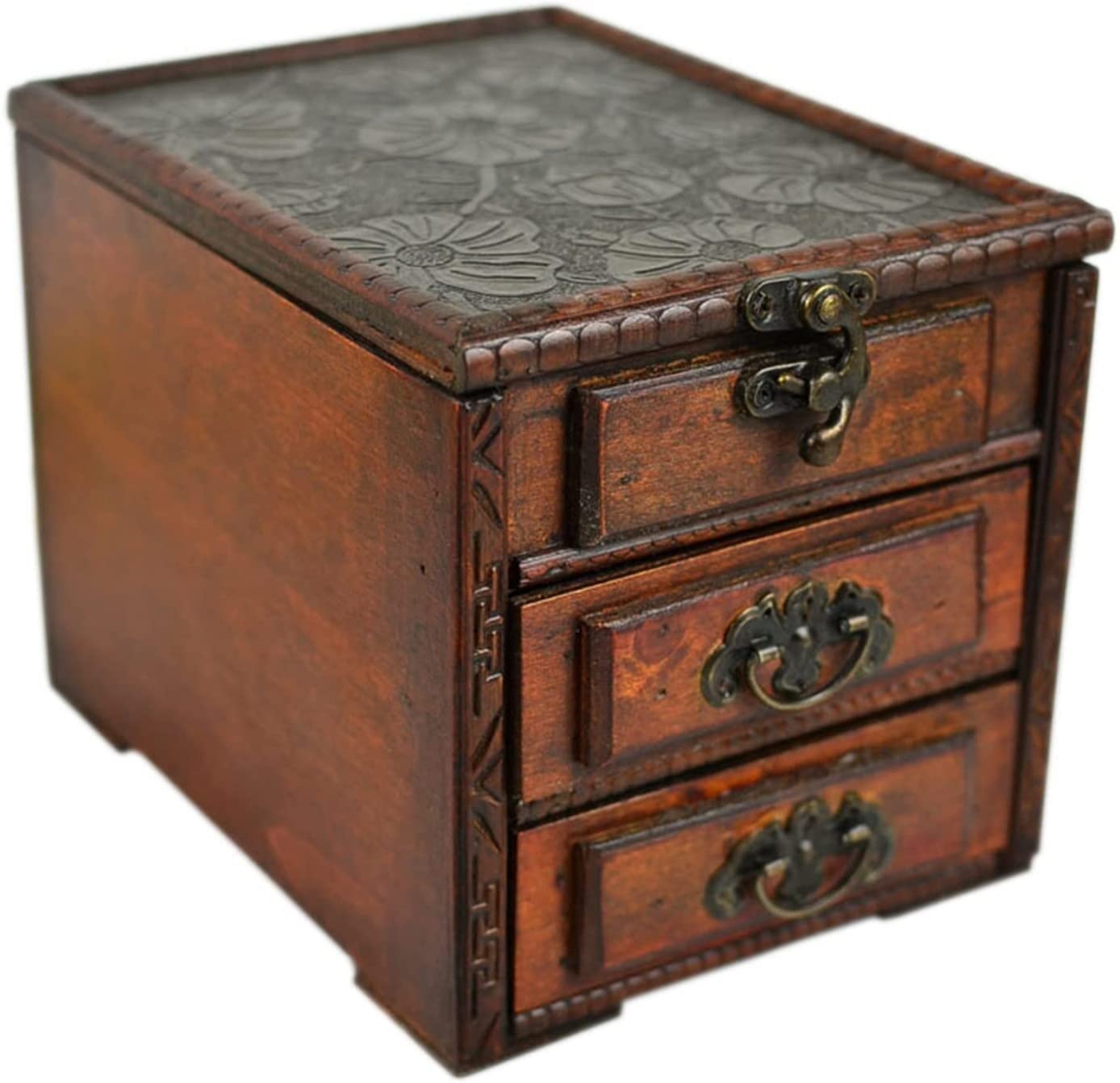 TIANQIHAO Vintage Wooden Embossed Flower Pattern Jewelry Treasure Box Storage Organizer