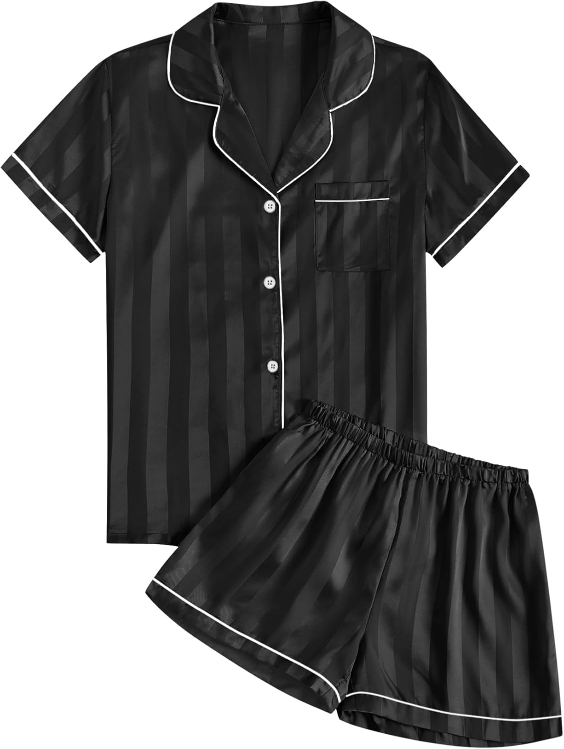 Umenlele Women's Silky Satin Striped Pajamas Short Sleeve Top with Shorts Sleepwear PJ Set