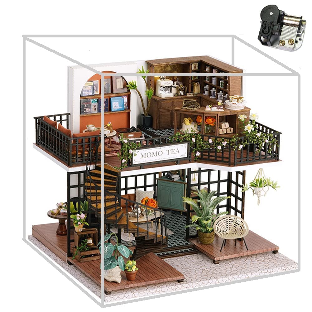Kit di mobili fai da te per casa delle bambole in miniatura, in legno, mini casa verde con costruzione a LED, set da gioco per ragazzi e ragazze (Forest Teashop)
