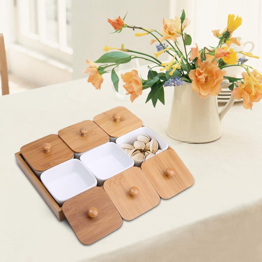 Piatto da portata in ceramica con coperchio in bambù per frutta, noci, dessert, condimenti, perfetto per servire antipasti, noci, caramelle, snack, vassoio a 6 scomparti